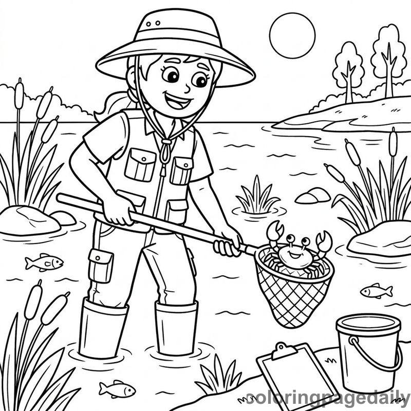 Marine Biologist Catching Crab - Daily printable coloring page in Professions category