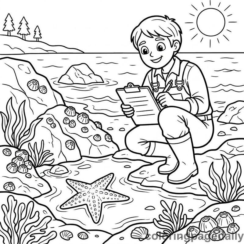 Marine Biologist Examining Tide Pool - Daily printable coloring page in Professions category