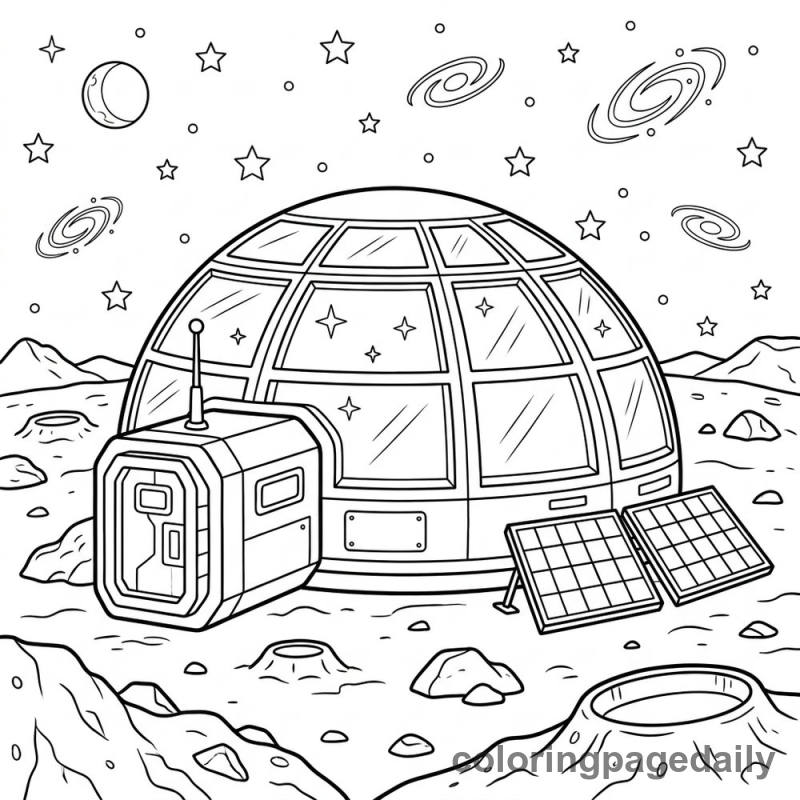 A futuristic dome-shaped space habitat sits on the rocky surface of Mars under a starry sky.