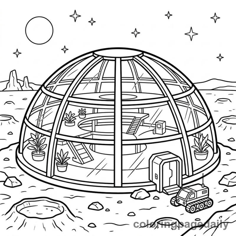 Mars Habitat Dome - Daily printable coloring page in Space category