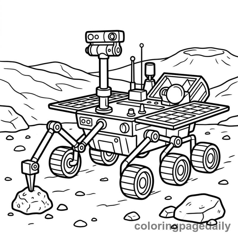 Mars Rover Examines a Rock - Daily printable coloring page in Space category