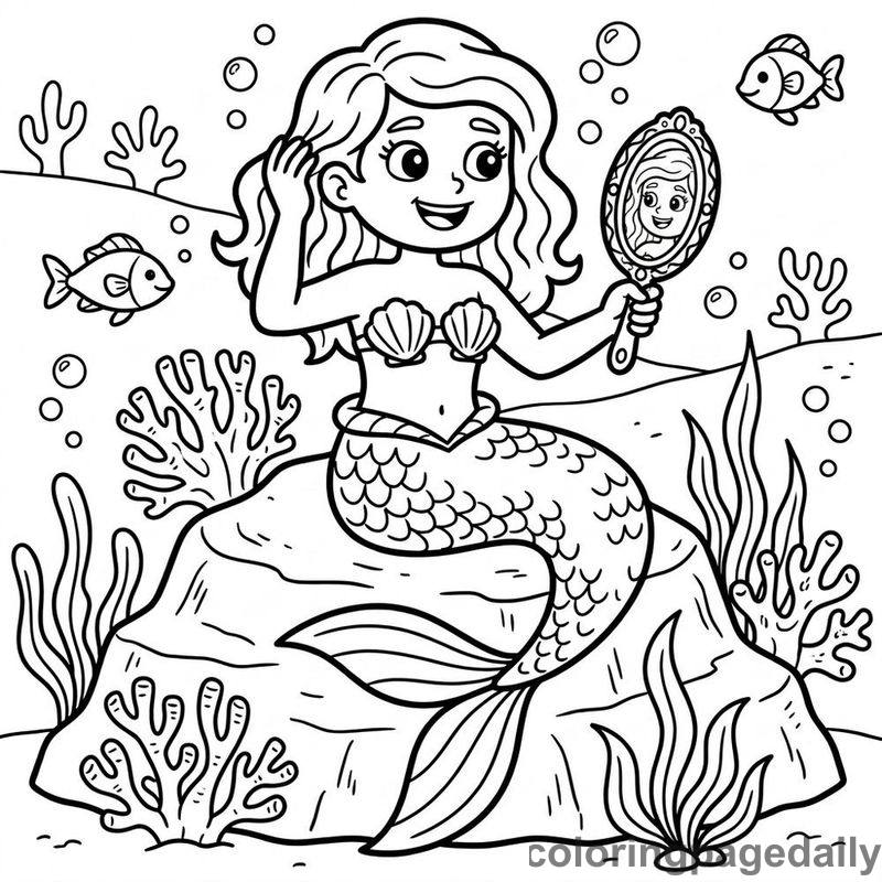 Mermaid Holding Mirror - Daily printable coloring page in Ocean and Underwater Life category