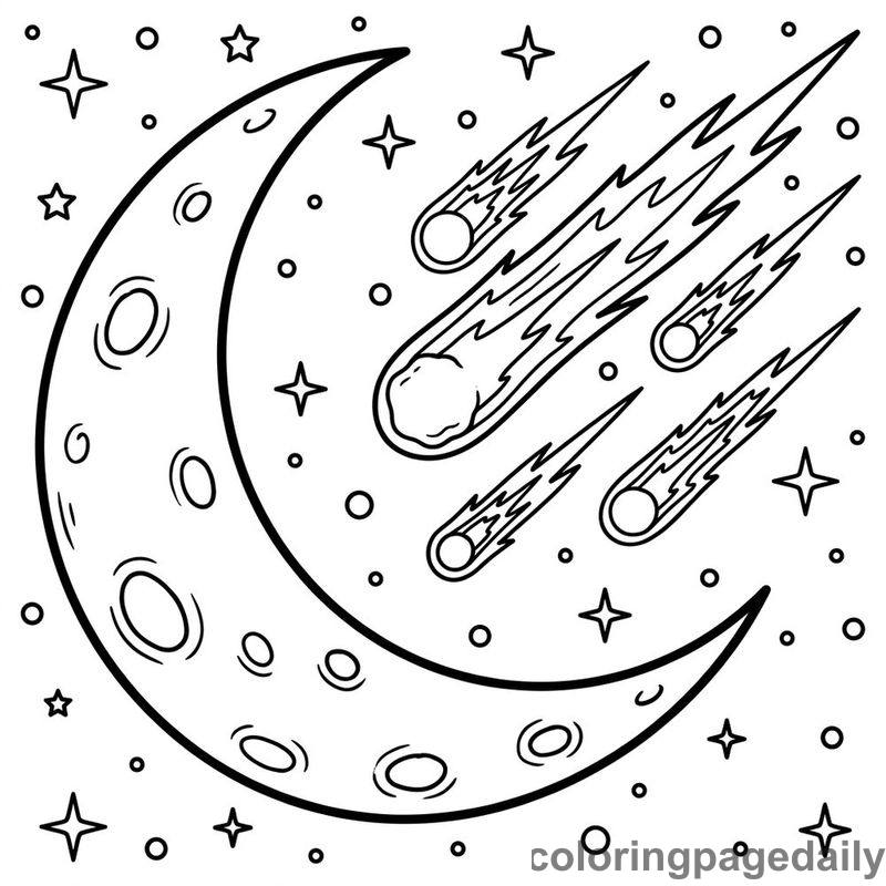 Meteor Shower Past Crescent Moon - Daily printable coloring page in Space category