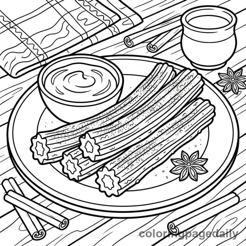 Mexican Churros Plate - Daily printable coloring page in Food category