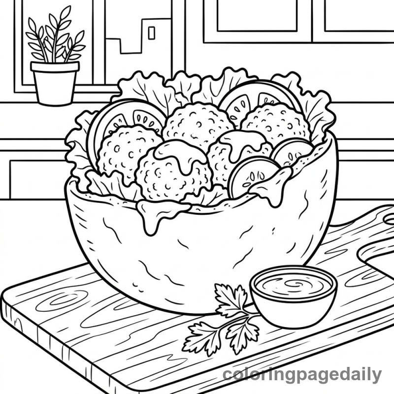 Middle Eastern Falafel Pita - Daily printable coloring page in Food category