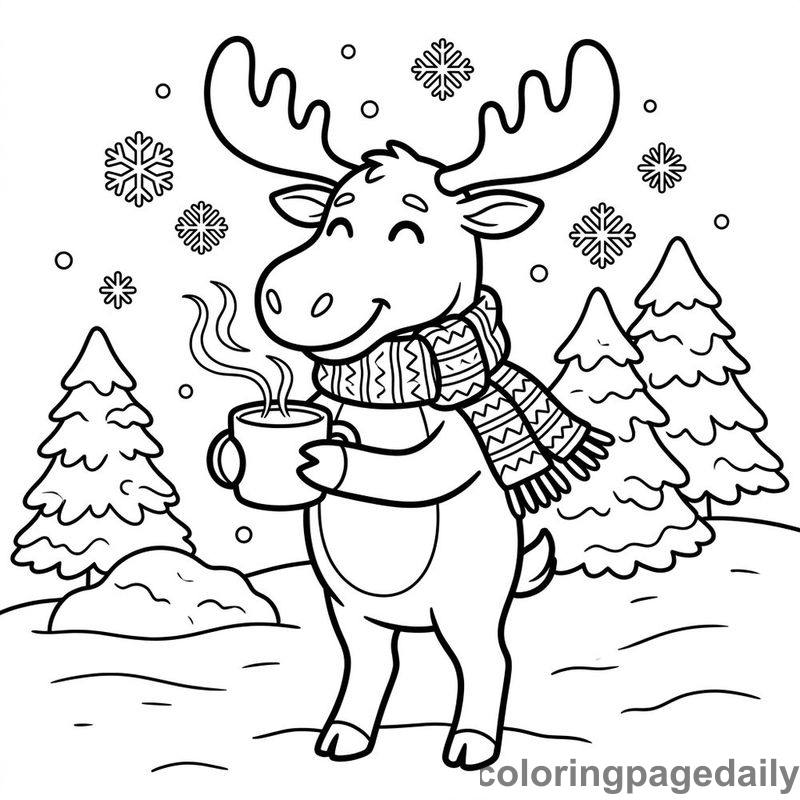 Moose Drinking Cocoa - Daily printable coloring page in Winter and Snow Season category