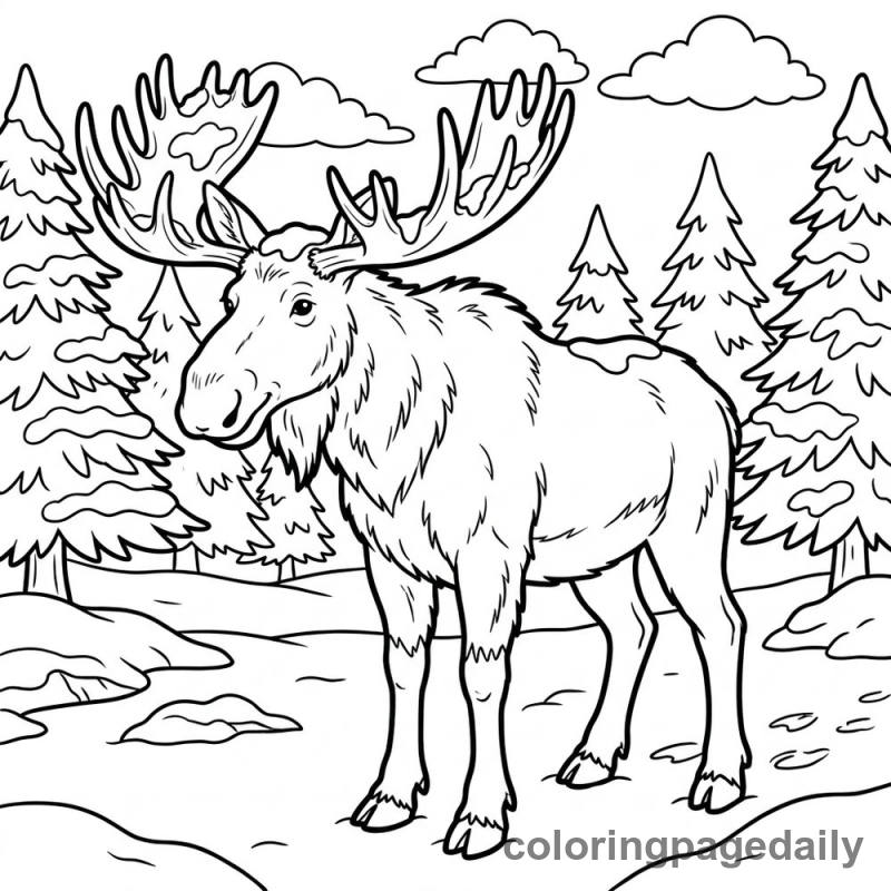 Moose in the Snow - Daily printable coloring page in Winter and Snow Season category