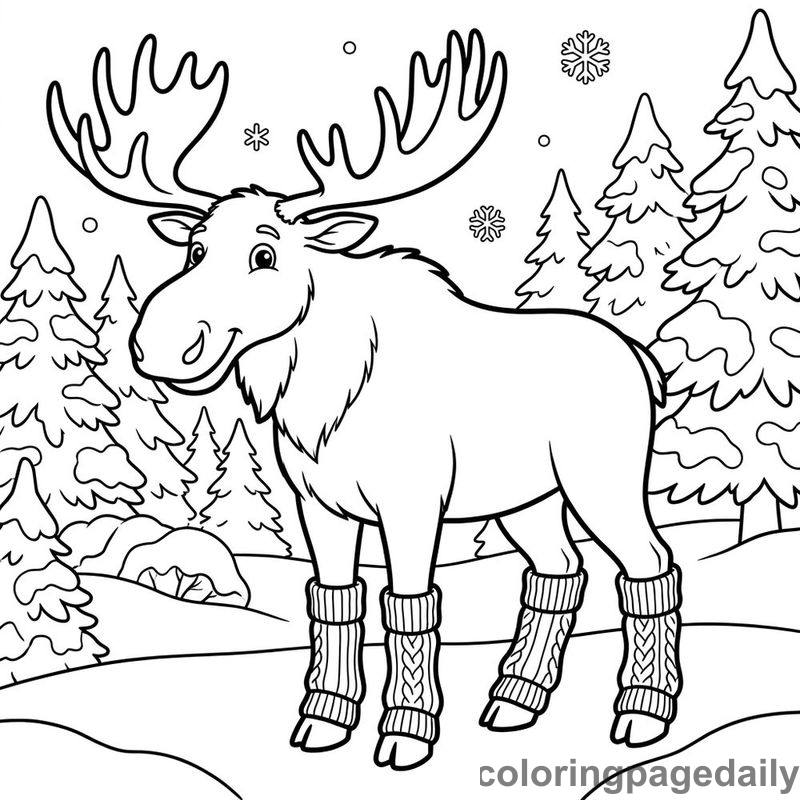 Monty the Moose's Cozy Winter Socks - story illustration coloring page