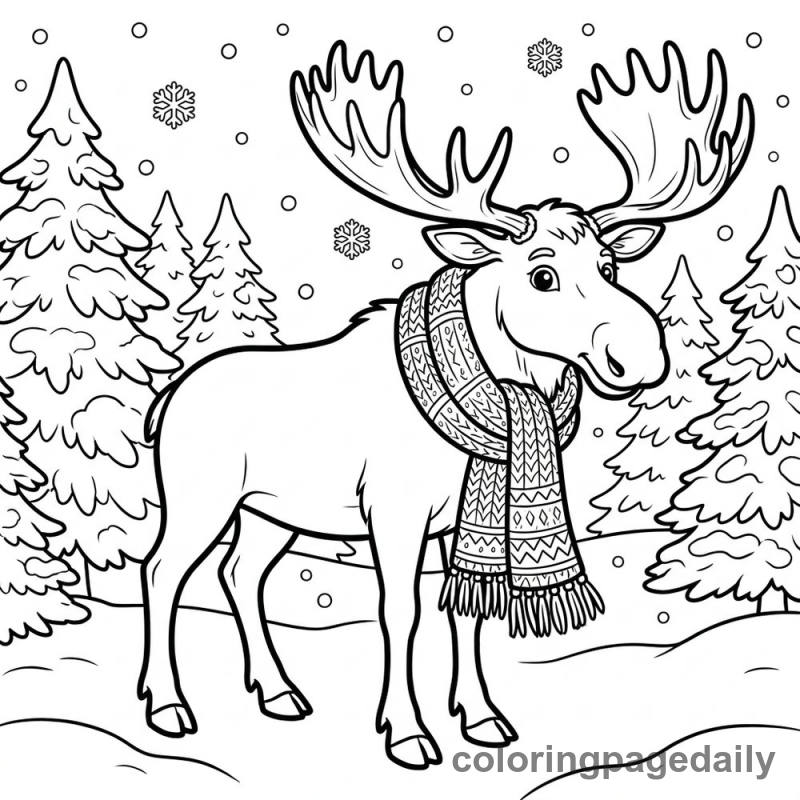 Moose Wearing Winter Scarf - Daily printable coloring page in Winter and Snow Season category