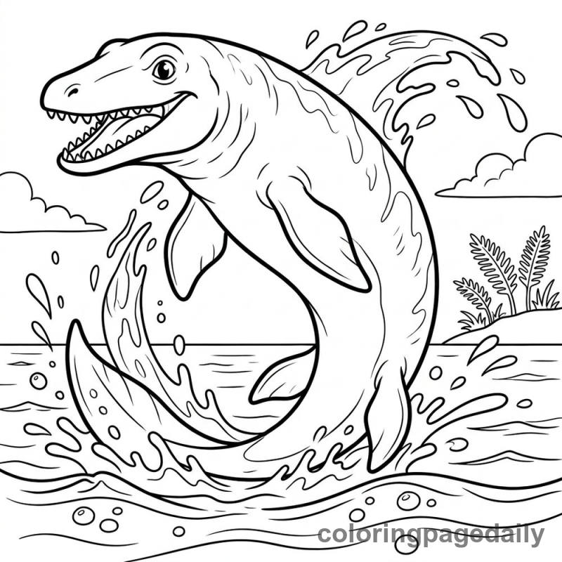 Mosasaurus Leaping from Ocean - Daily printable coloring page in Dinosaur category