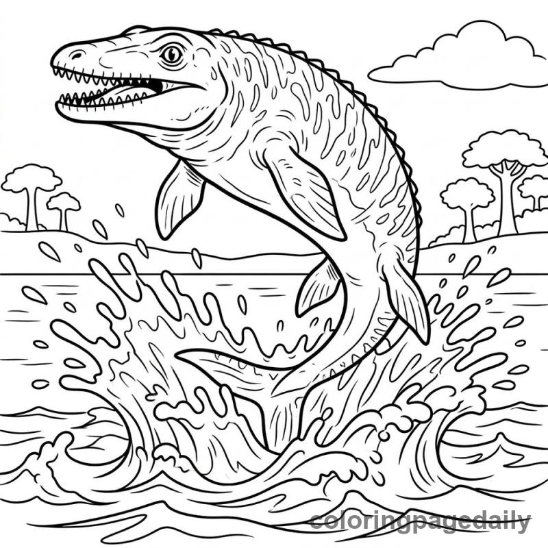 Mosasaurus Leaping from Water - Daily printable coloring page in Dinosaur category