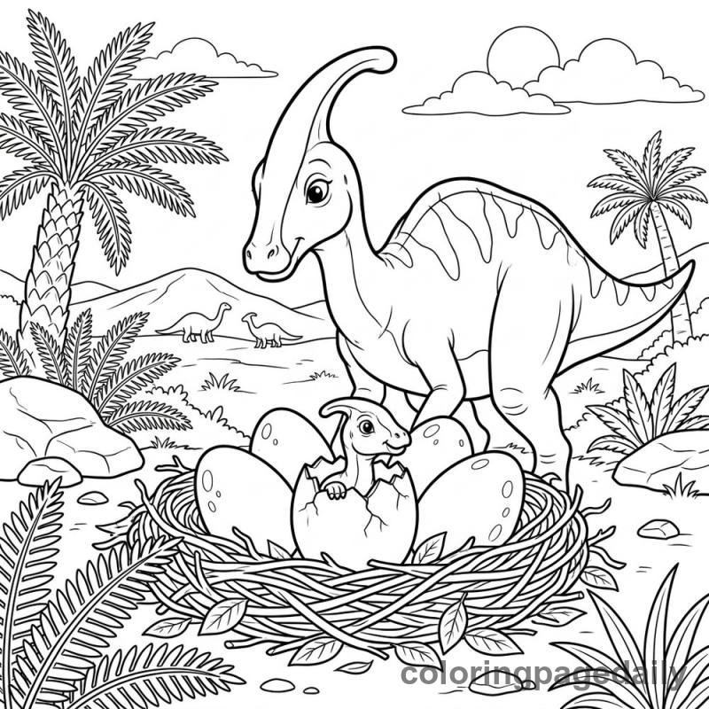 Mother Dino Watches Her Egg Hatch - Daily printable coloring page in Dinosaur category