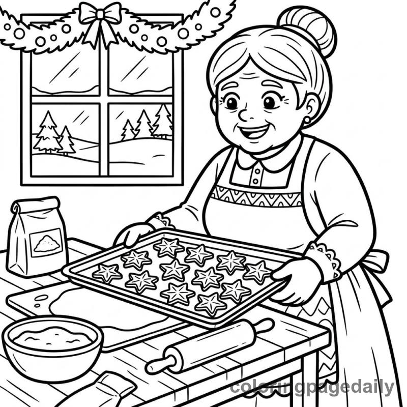 Mrs. Claus Baking Cookies - Daily printable coloring page in Christmas category