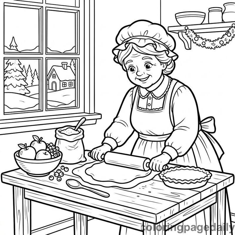Mrs Claus Baking Pie - Daily printable coloring page in Christmas category