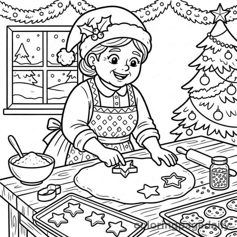 Mrs. Claus Baking Star Cookies - Daily printable coloring page in Christmas category