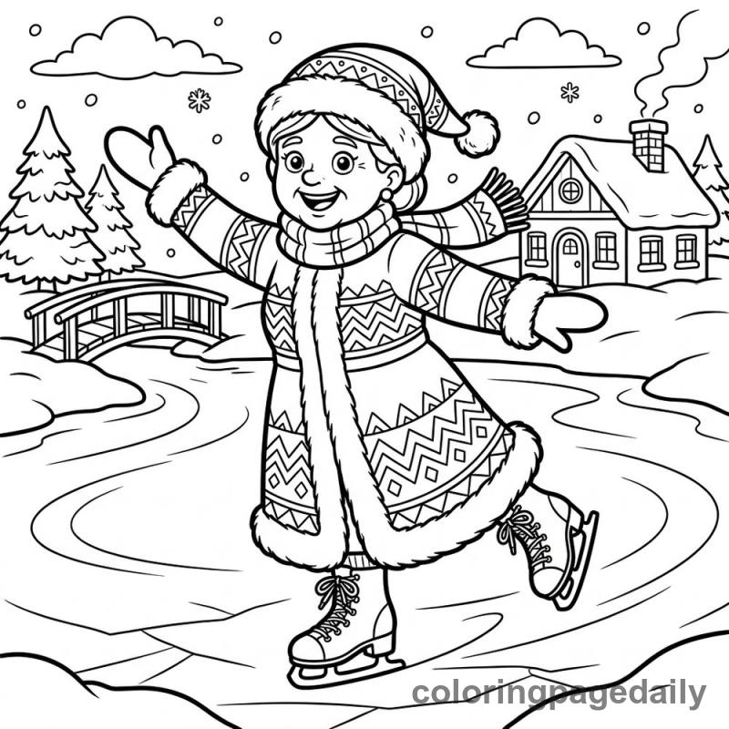 Mrs Claus Ice Skating - Daily printable coloring page in Christmas category