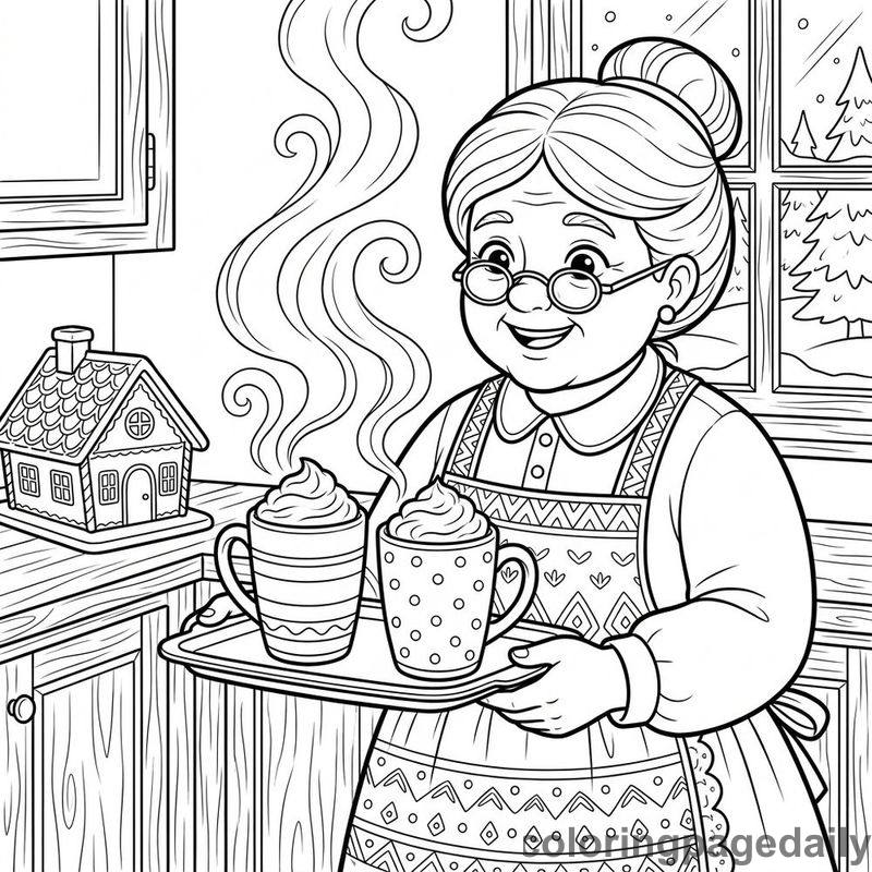 Mrs Claus Serving Cocoa - Daily printable coloring page in Christmas category