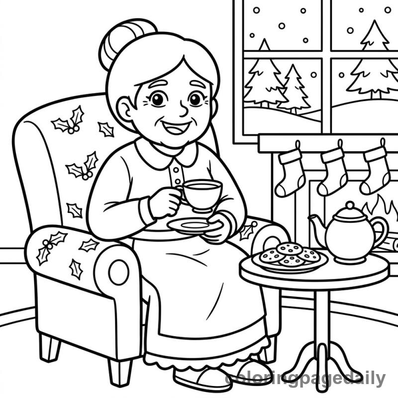 Mrs. Claus Tea Time - Daily printable coloring page in Christmas category