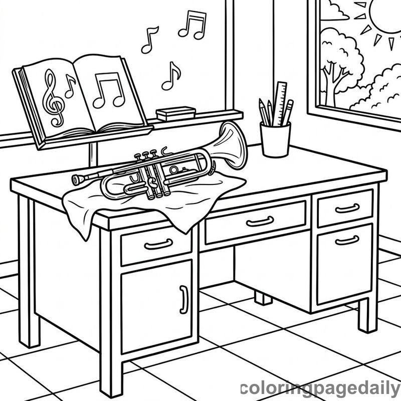 Music Class Trumpet Desk - Daily printable coloring page in Back to School category