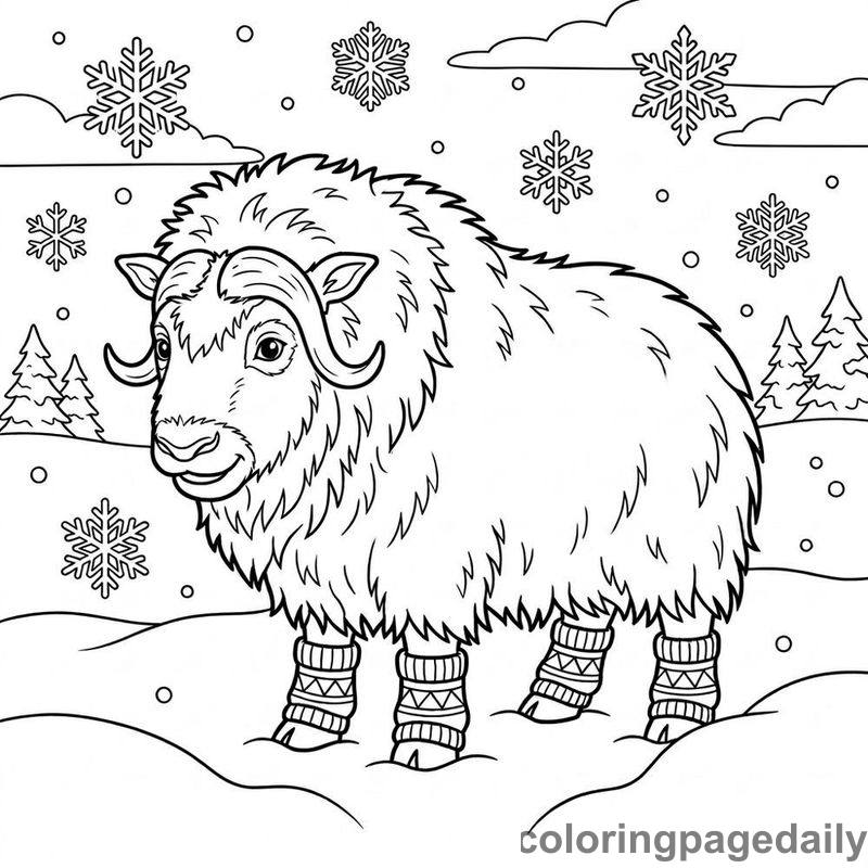 Musk Ox In Leg Warmers - Daily printable coloring page in Winter and Snow Season category