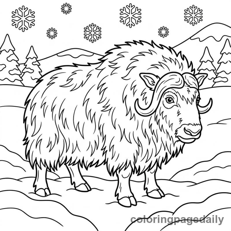 Musk Ox in Snow - Daily printable coloring page in Winter and Snow Season category