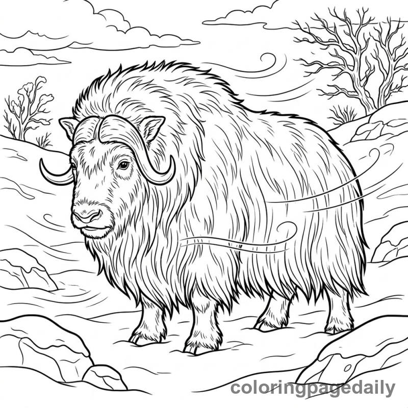 Musk Ox in the Snow - Daily printable coloring page in Winter and Snow Season category