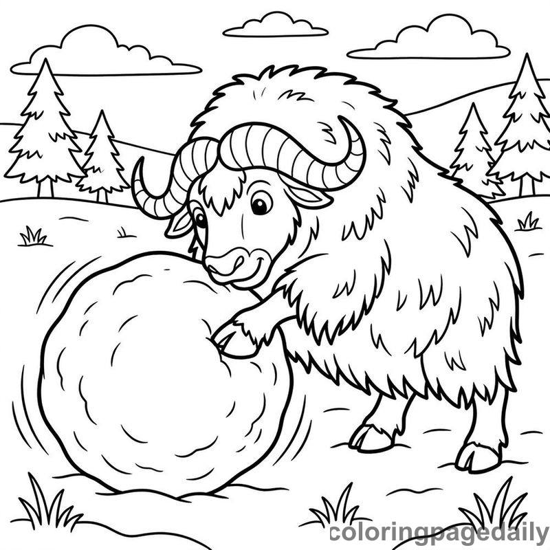 Musk Ox Pushing Snowball - Daily printable coloring page in Winter and Snow Season category
