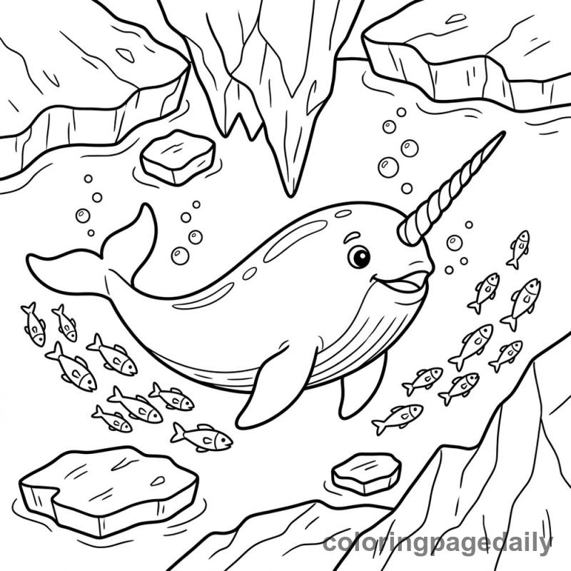 Narwhal Swimming Underwater - Daily printable coloring page in Ocean and Underwater Life category
