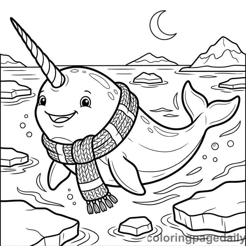 Narwhal Wearing Scarf - Daily printable coloring page in Winter and Snow Season category