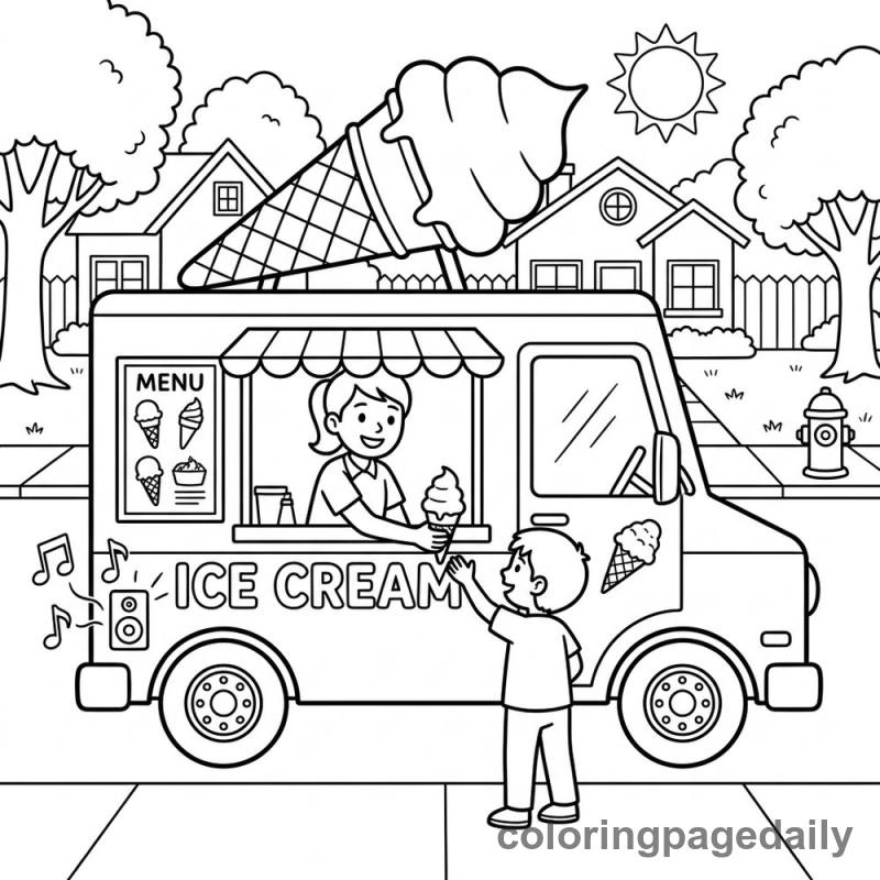 Neighborhood Ice Cream Truck - Daily printable coloring page in Vehicle category