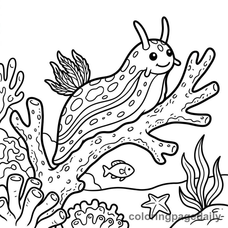 Nudibranch Exploring Coral Reef - Daily printable coloring page in Ocean and Underwater Life category