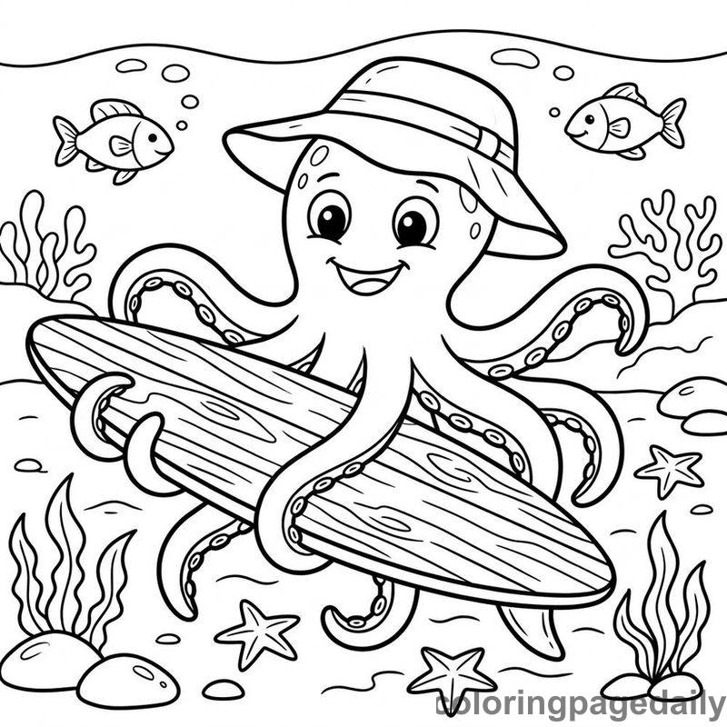 Octopus Holding A Paddleboard - Daily printable coloring page in Ocean and Underwater Life category