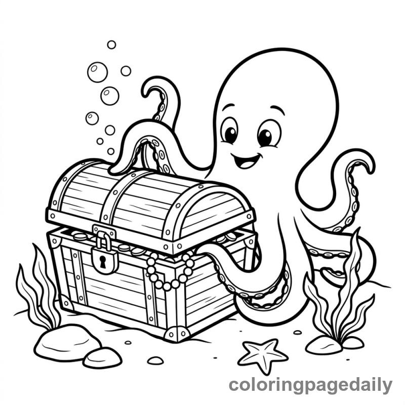 Octopus Opening a Treasure Chest - Daily printable coloring page in Ocean and Underwater Life category