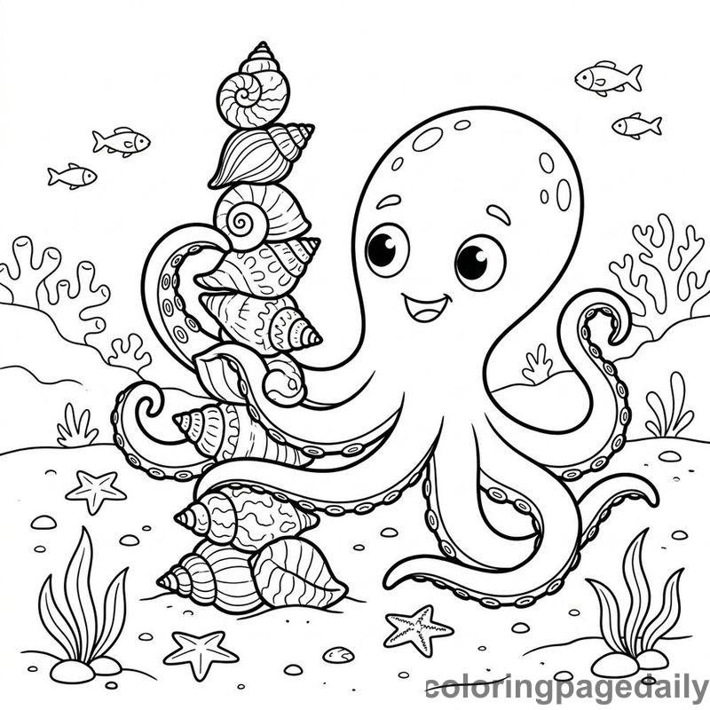 Octopus Stacking Seashell Tower - Daily printable coloring page in Ocean and Underwater Life category