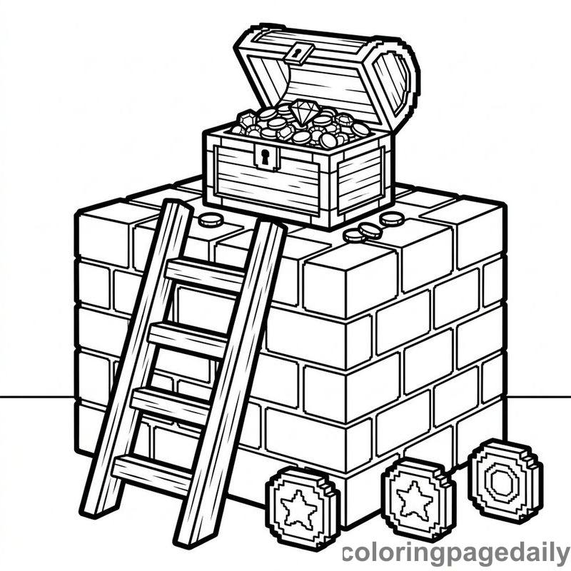 Open Chest On Stone Platform - Daily printable coloring page in Video Games and Pixel Art category