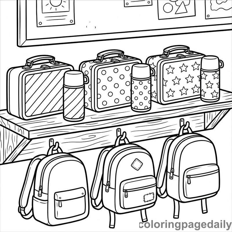 Organized Lunchboxes On Shelf - Daily printable coloring page in Back to School category