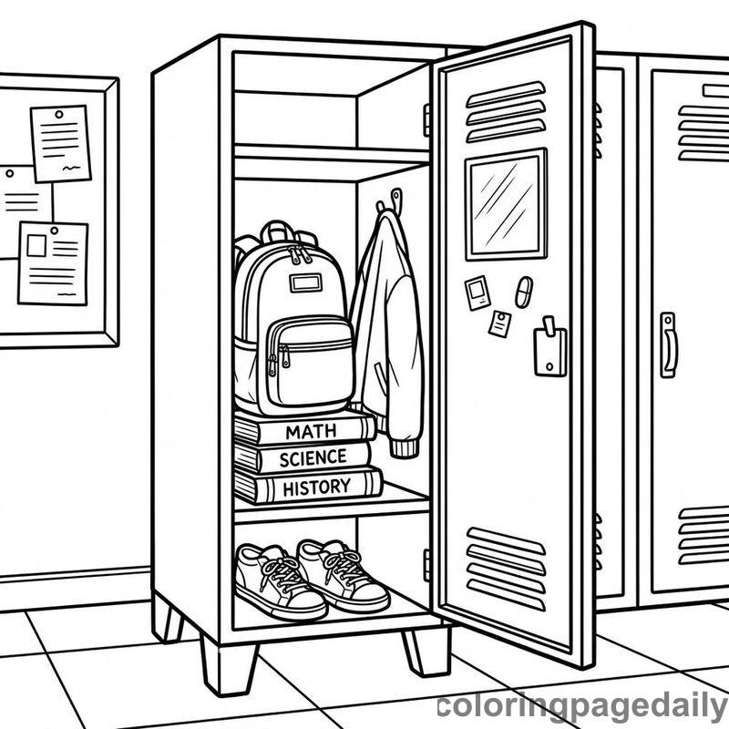 Organized Open School Locker - Daily printable coloring page in Back to School category