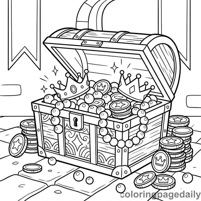 Overflowing Castle Treasure Chest - Daily printable coloring page in Fairy Tales category