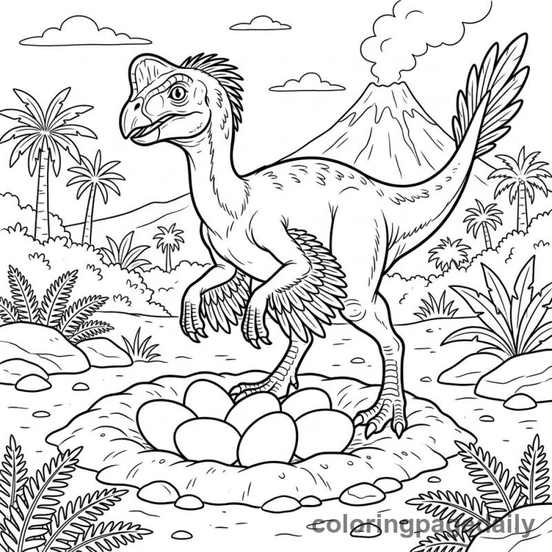 Oviraptor Guarding Eggs - Daily printable coloring page in Dinosaur category