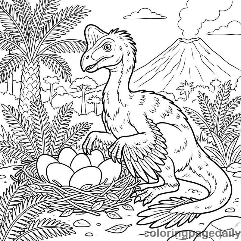 Oviraptor Guarding Nest - Daily printable coloring page in Dinosaur category