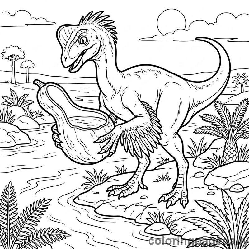Oviraptor Holding Water Gourd - Daily printable coloring page in Dinosaur category