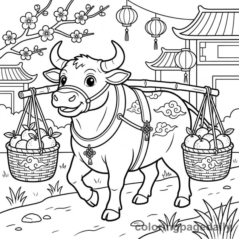 Ox Carrying Fruit Baskets - Daily printable coloring page in Chinese New Year category