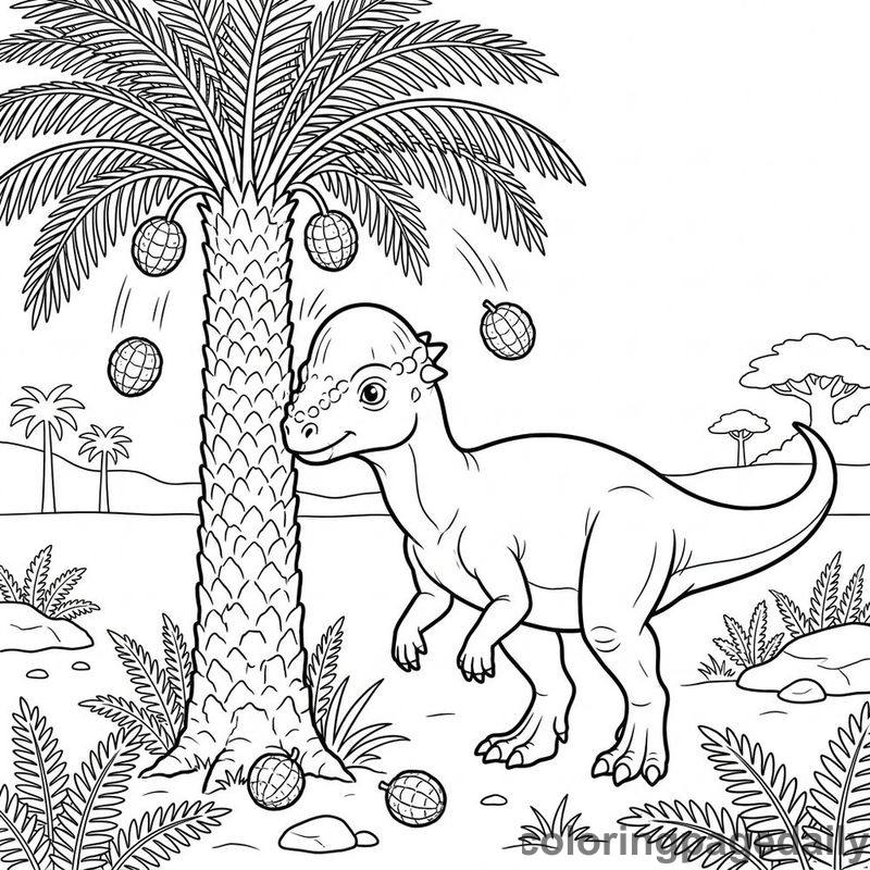 Pachycephalosaurus Bumping Cycad Tree - Daily printable coloring page in Dinosaur category