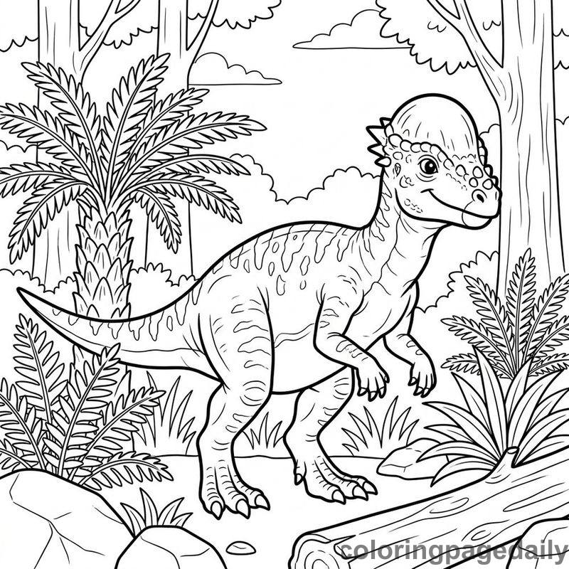 Pachycephalosaurus In Forest - Daily printable coloring page in Dinosaur category