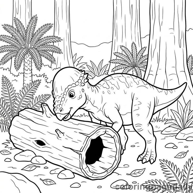Pachycephalosaurus Tapping Hollow Log - Daily printable coloring page in Dinosaur category