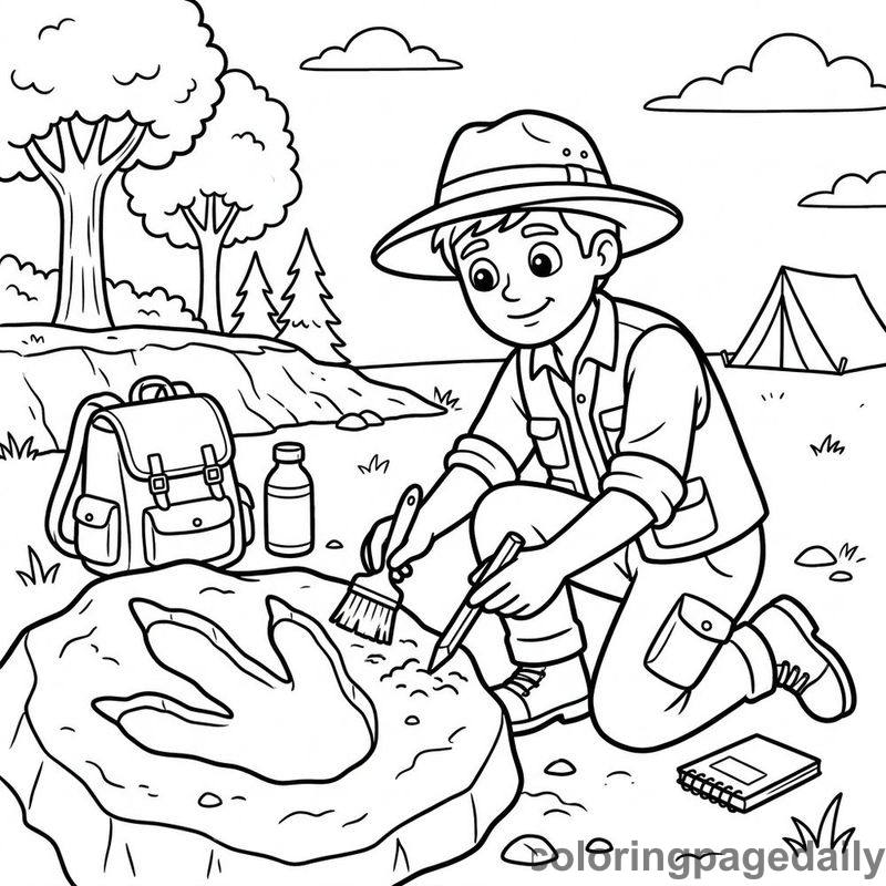 Paleontologist Uncovering Dinosaur Footprint - Daily printable coloring page in Professions category