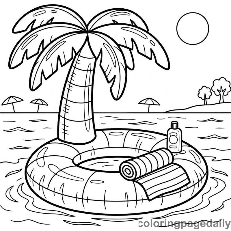 Palm Tree Pool Float - Daily printable coloring page in Summer Vacation category