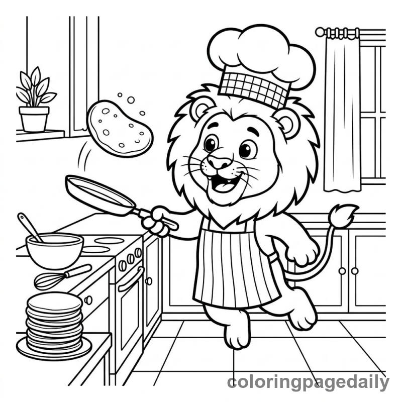 The Pancake Flipping Lion - Daily printable coloring page in Animals category