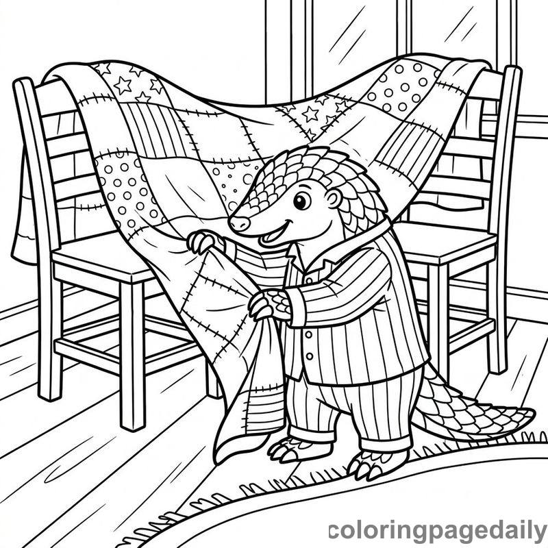 Pangolin Building Blanket Fort - Daily printable coloring page in Animals category