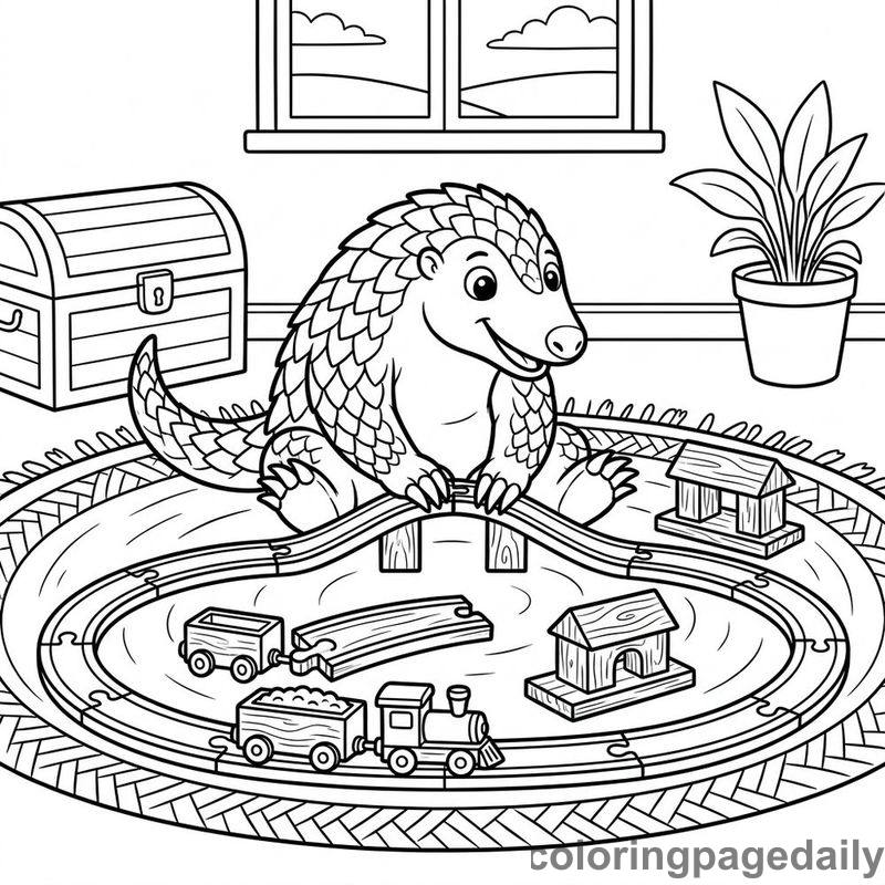Pangolin Building Train Tracks - Daily printable coloring page in Animals category